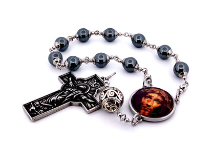 Holy Face unique rosary beads hematite gemstone single decade rosary with stainless steel Resurrection crucifix.