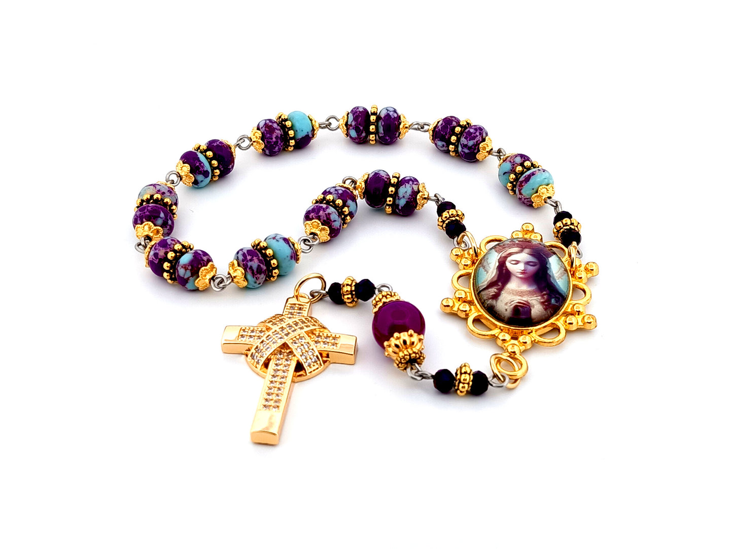 Queen of Heaven unique rosary beads jasper gemstone single decade rosary beads with gold plated crystal encrusted cross.