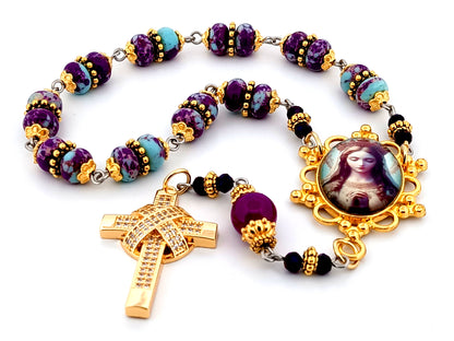 Queen of Heaven unique rosary beads jasper gemstone single decade rosary beads with gold plated crystal encrusted cross.