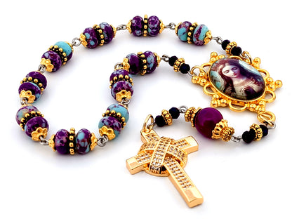 Queen of Heaven unique rosary beads jasper gemstone single decade rosary beads with gold plated crystal encrusted cross.