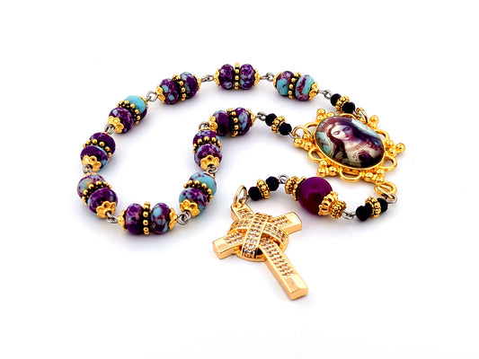 Queen of Heaven unique rosary beads jasper gemstone single decade rosary beads with gold plated crystal encrusted cross.