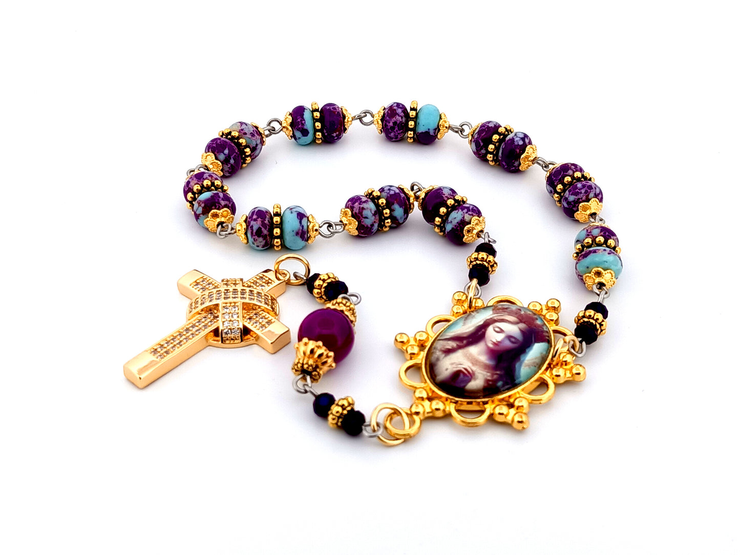 Queen of Heaven unique rosary beads jasper gemstone single decade rosary beads with gold plated crystal encrusted cross.
