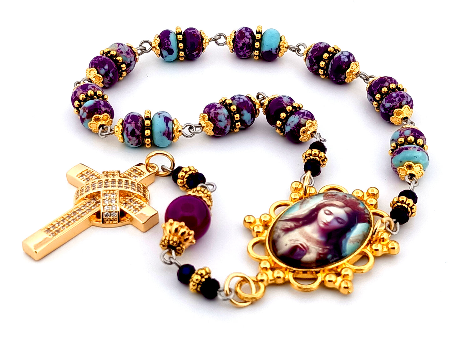 Queen of Heaven unique rosary beads jasper gemstone single decade rosary beads with gold plated crystal encrusted cross.