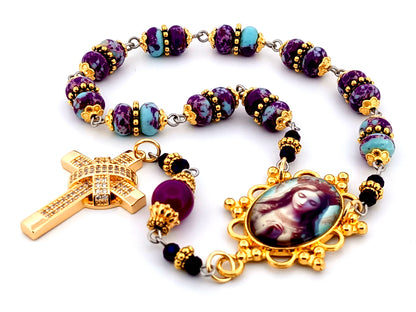 Queen of Heaven unique rosary beads jasper gemstone single decade rosary beads with gold plated crystal encrusted cross.