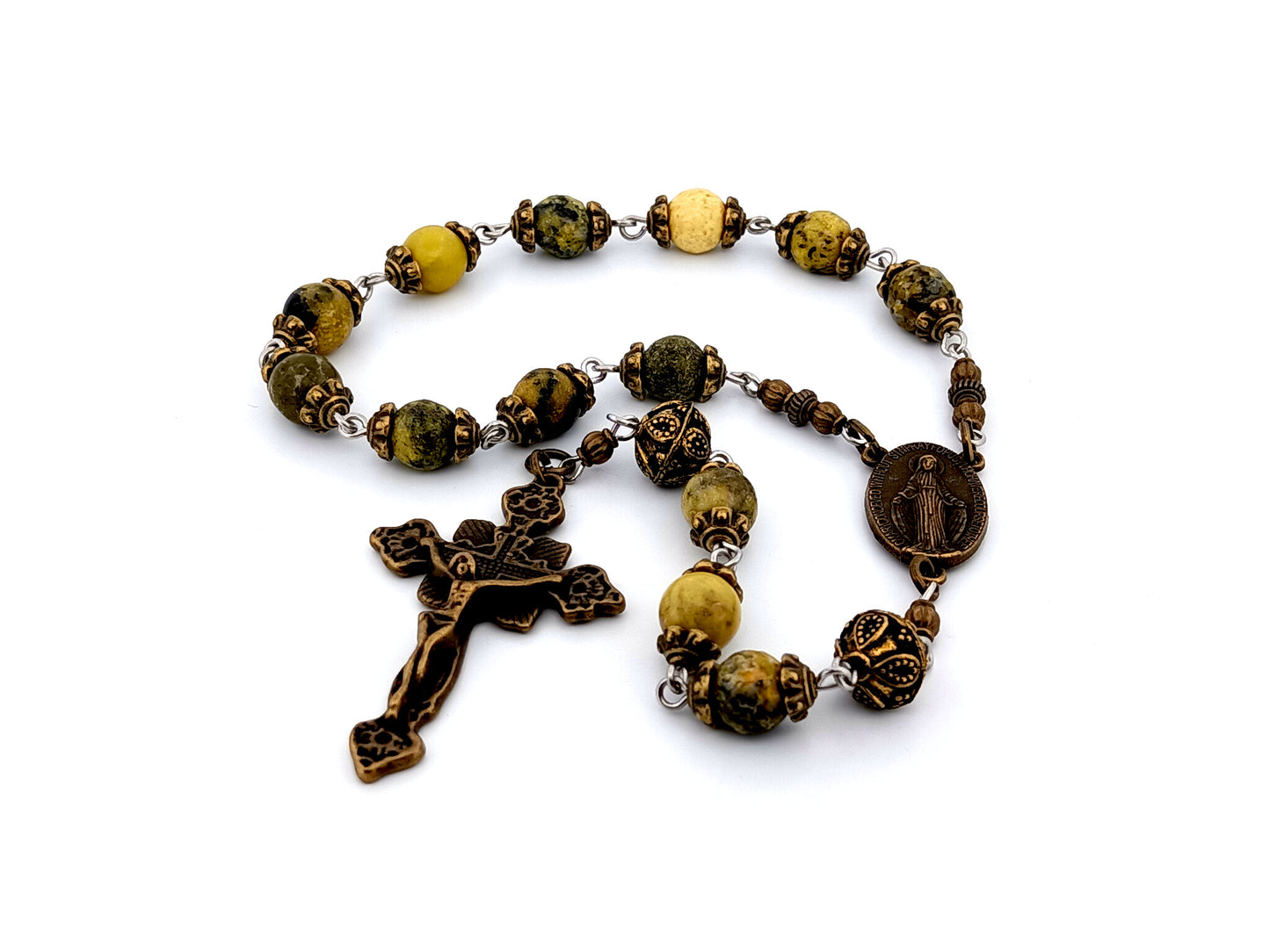 Miraculous Medal unique rosary beads peridot gemstone single decade rosary beads with bronze crucifix.