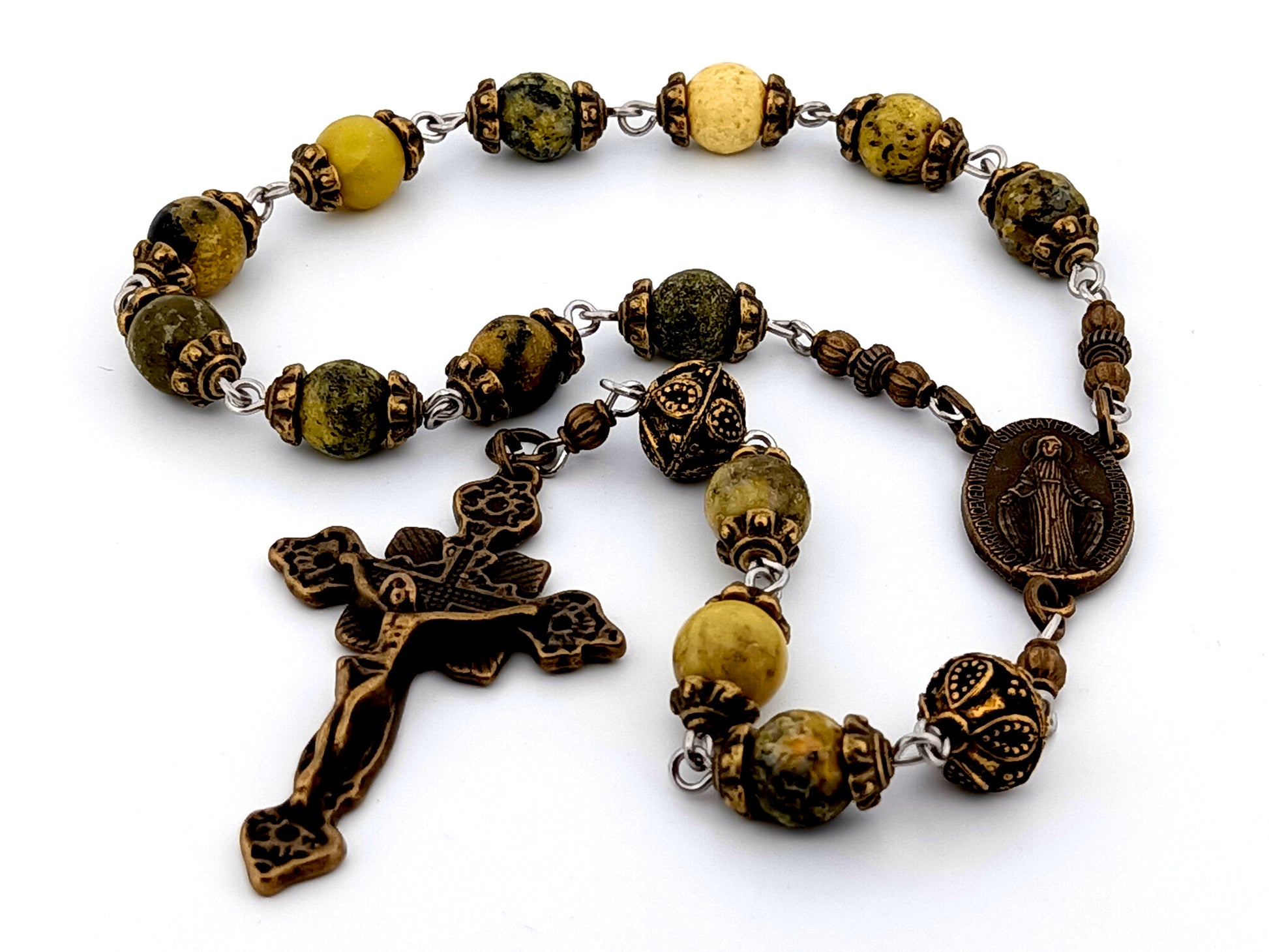 Miraculous Medal unique rosary beads peridot gemstone single decade rosary beads with bronze crucifix.
