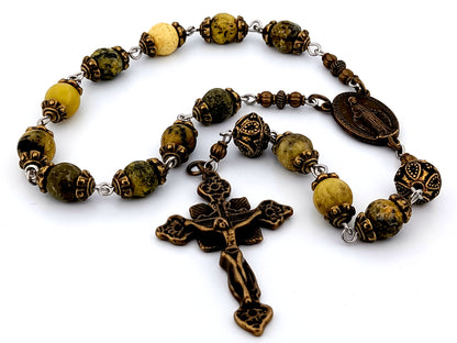 Miraculous Medal unique rosary beads peridot gemstone single decade rosary beads with bronze crucifix.