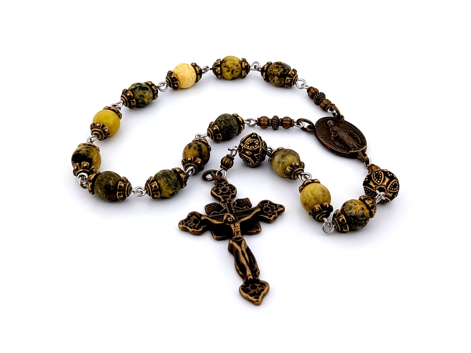 Miraculous Medal unique rosary beads peridot gemstone single decade rosary beads with bronze crucifix.