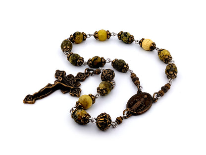 Miraculous Medal unique rosary beads peridot gemstone single decade rosary beads with bronze crucifix.