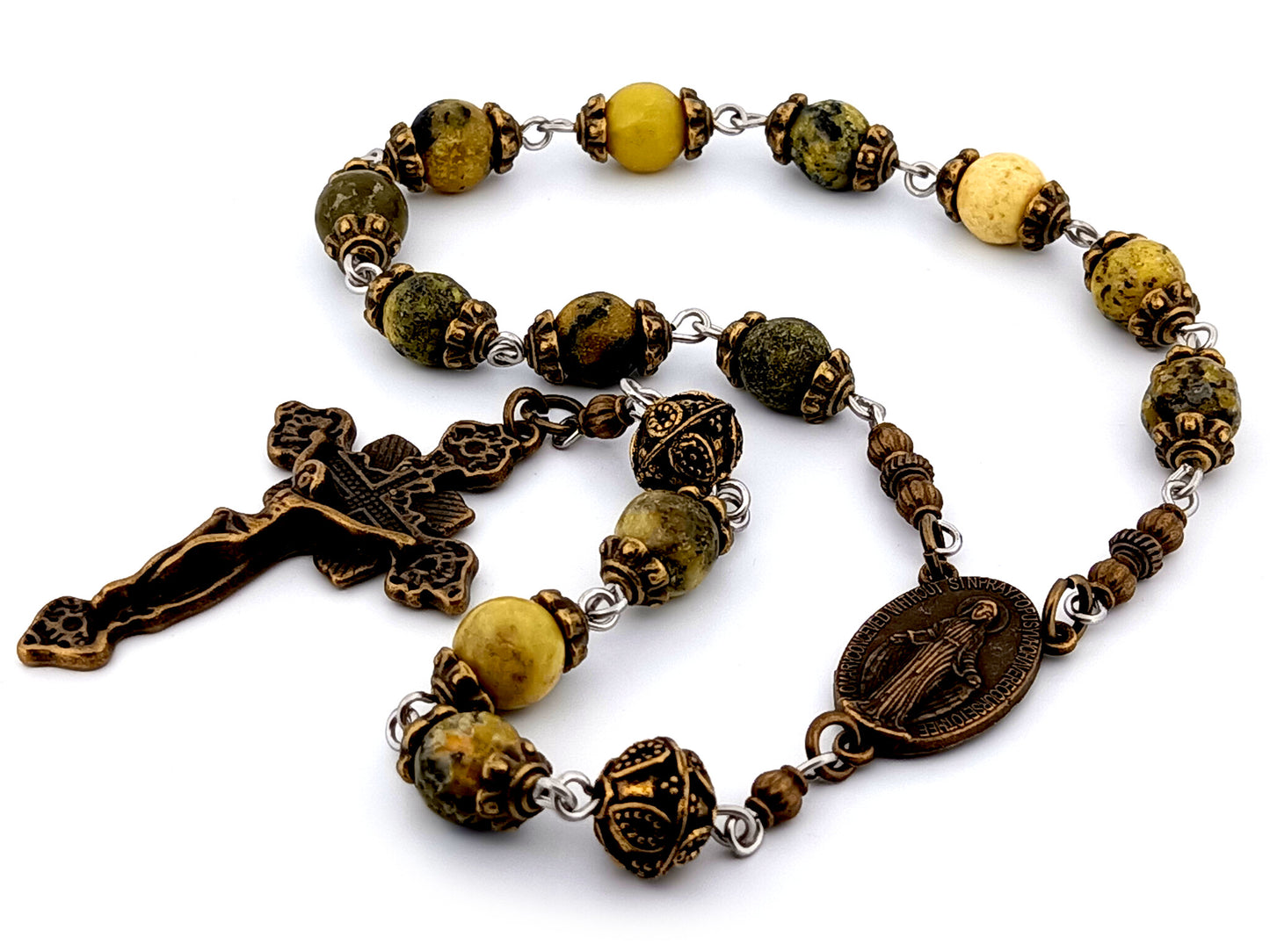 Miraculous Medal unique rosary beads peridot gemstone single decade rosary beads with bronze crucifix.