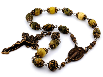 Miraculous Medal unique rosary beads peridot gemstone single decade rosary beads with bronze crucifix.