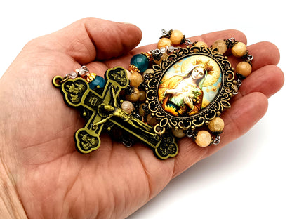 Immaculate Heart of Mary unique rosary beads  large jade gemstone and blue glass rosary with brass twelve apostles crucifix.
