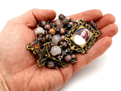Saint Maria unique rosary beads Goretti rhodonite and pink quartz gemstone rosary with bronze filigree crucifix.