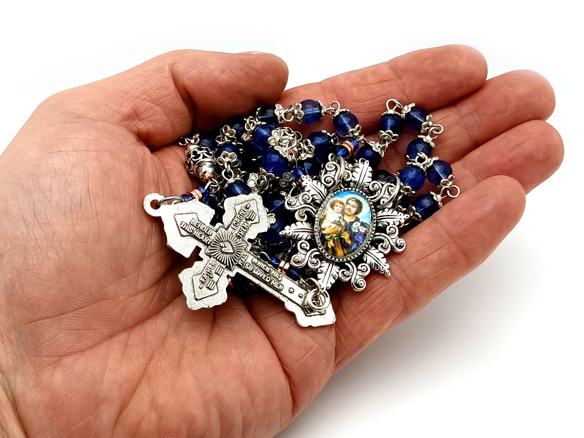 Saint Joseph unique rosary beads blue glass and silver lattice rosary with Pardon crucifix.