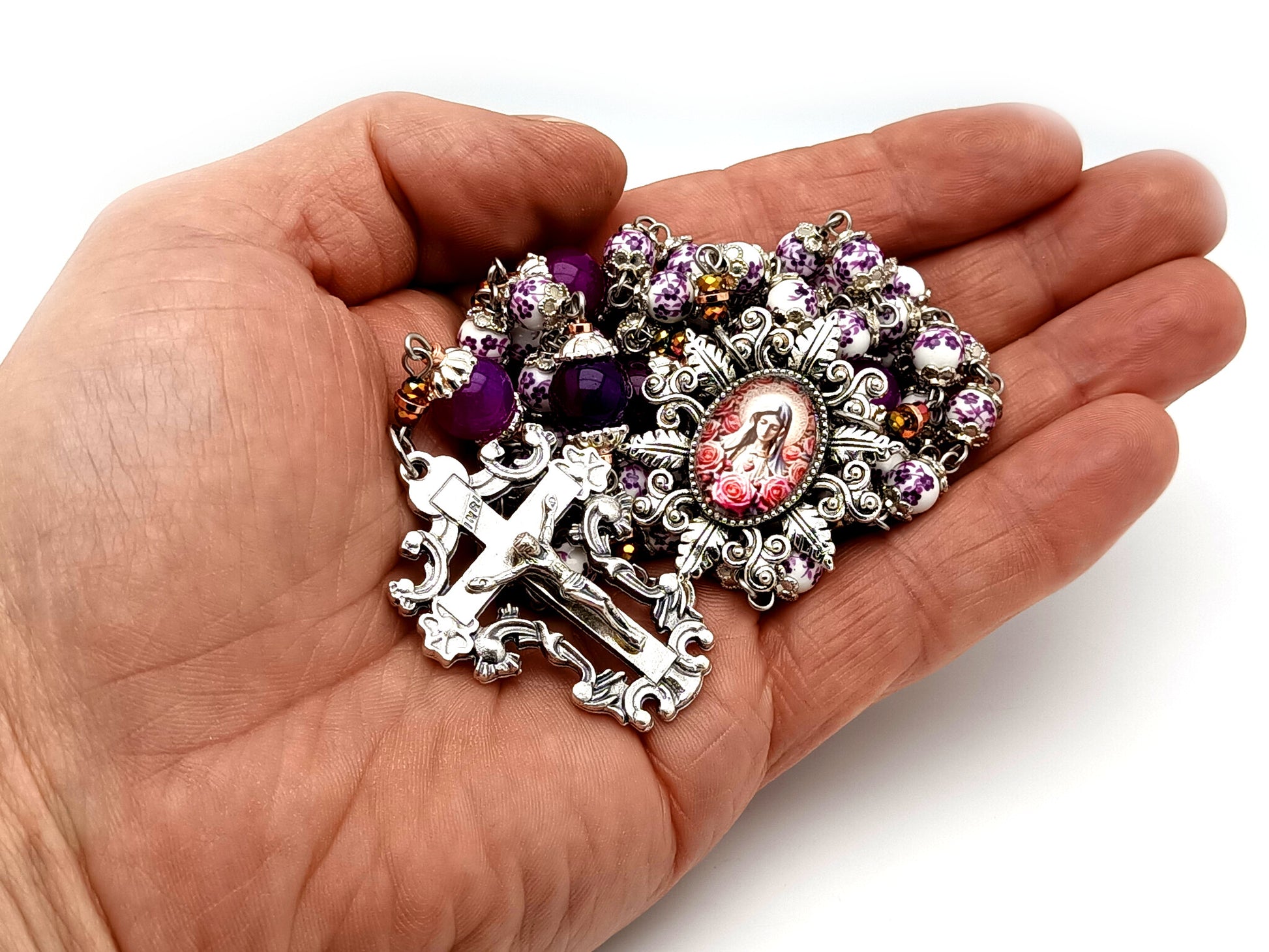 Immaculate Heart of Mary unique rosary beads floral porcelain and purple glass rosary with filigree crucifix.