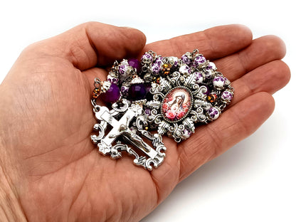 Immaculate Heart of Mary unique rosary beads floral porcelain and purple glass rosary with filigree crucifix.