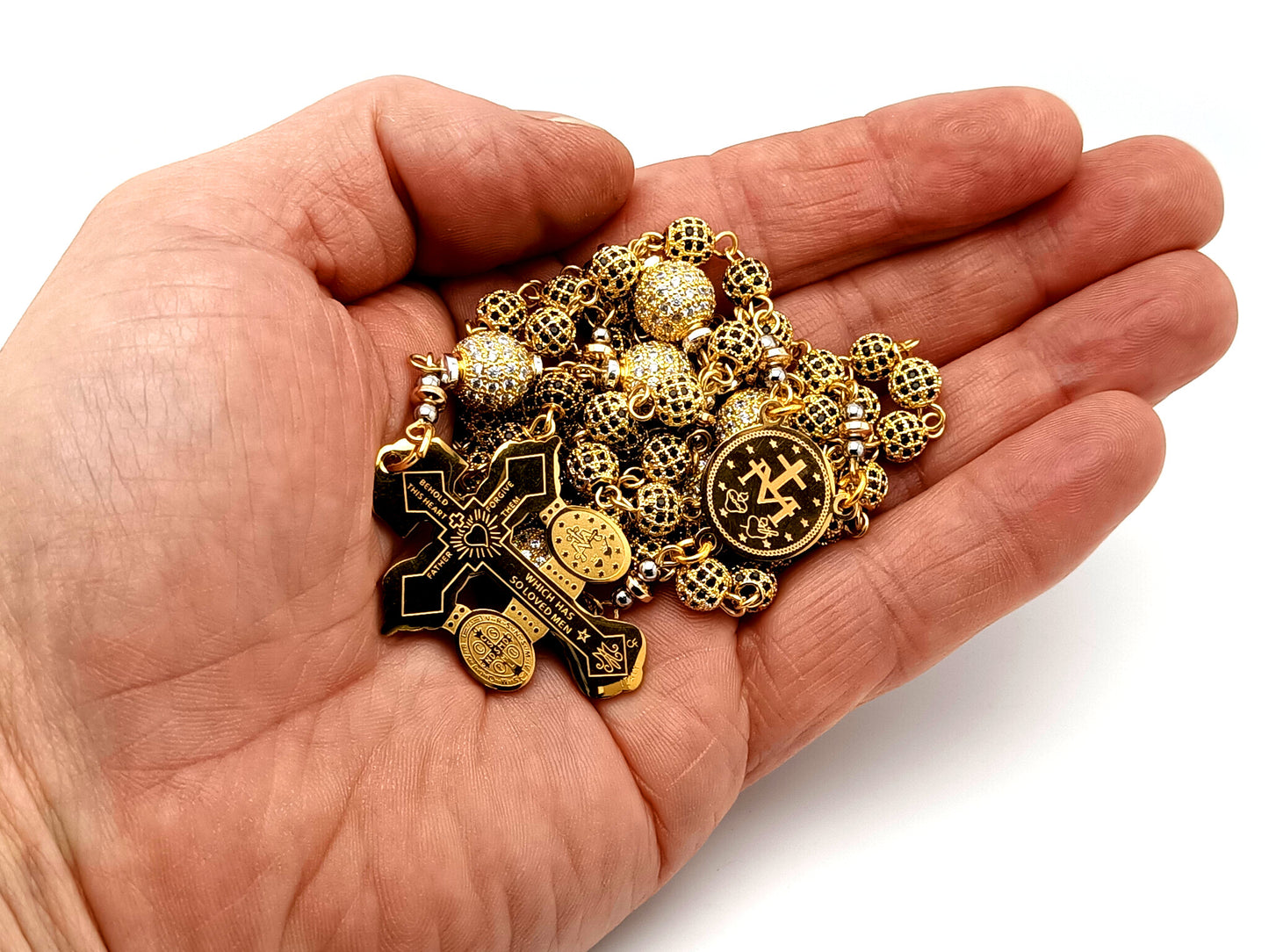 Miraculous Medal unique rosary beads 18K gold plated cubic zirconia rosary with gold plated double Pardon crucifix.