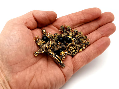 Miraculous Medal 18K gold plated cubic zirconia and onyx gemstone rosary beads with gold plated crucifix.