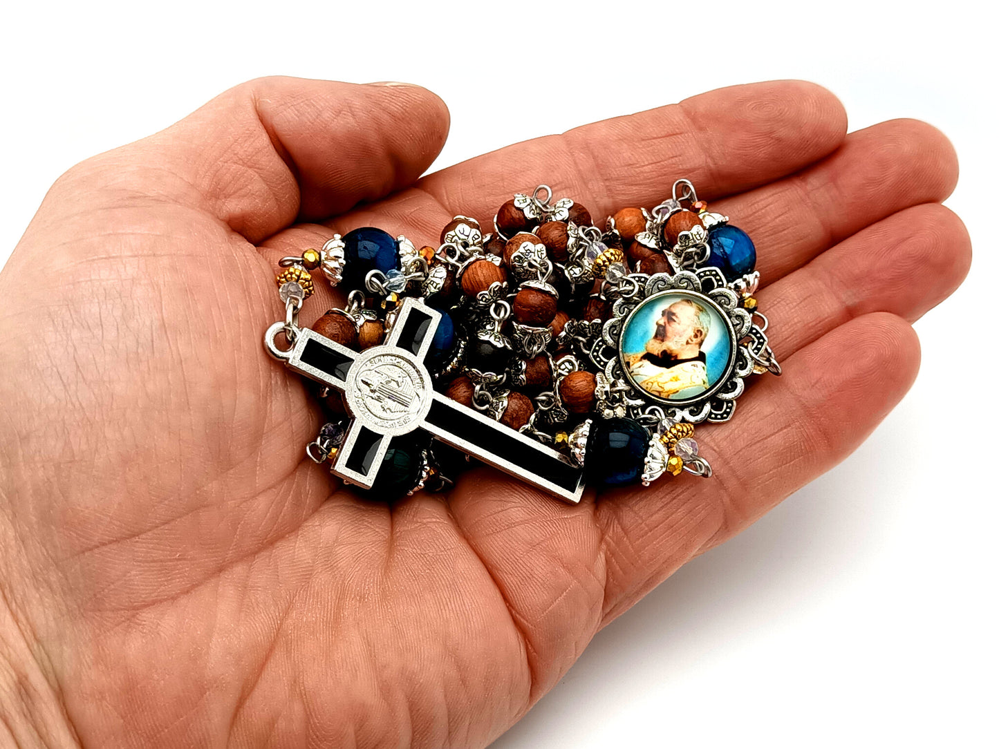 Saint Padre Pio unique rosary beads dark olive wood and tigers eye gemstone rosary with black enamel Saint Benedict crucifix.