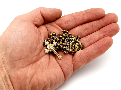 Miraculous Medal unique rosary beads hematite gemstone wearable miniature rosary necklace with gold plated crystal sunburst crucifix.