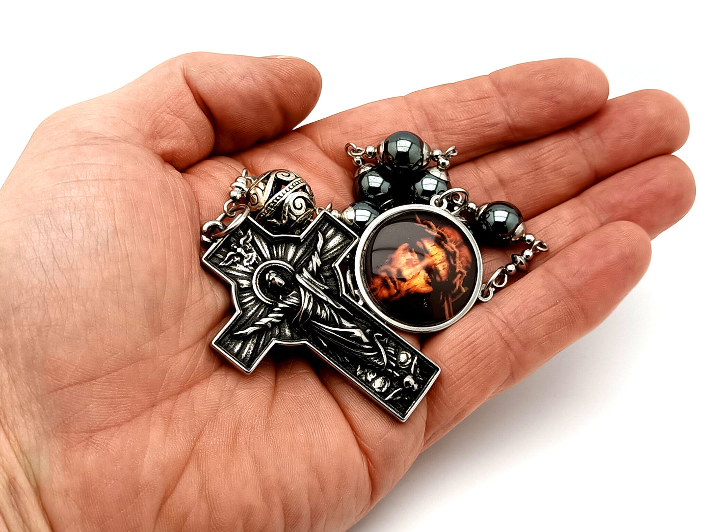 Holy Face unique rosary beads hematite gemstone single decade rosary with stainless steel Resurrection crucifix.