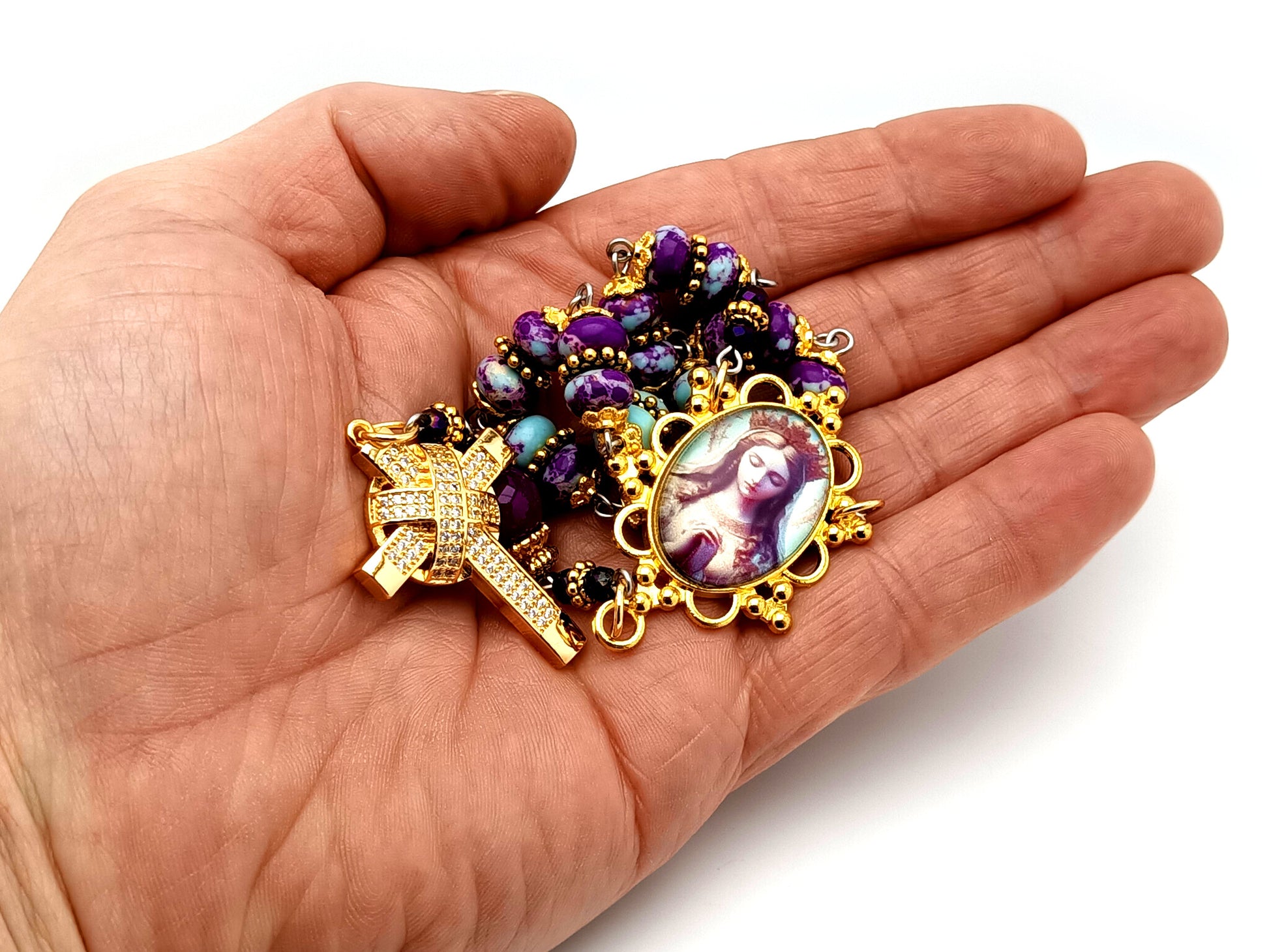 Queen of Heaven unique rosary beads jasper gemstone single decade rosary beads with gold plated crystal encrusted cross.