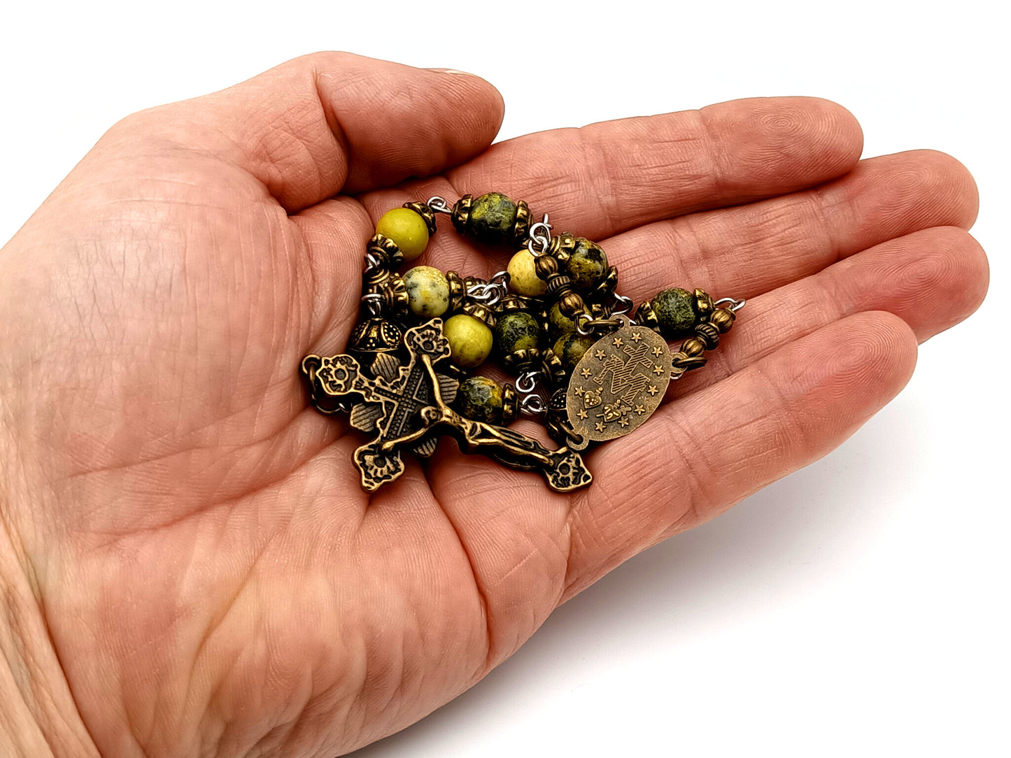 Miraculous Medal unique rosary beads peridot gemstone single decade rosary beads with bronze crucifix.