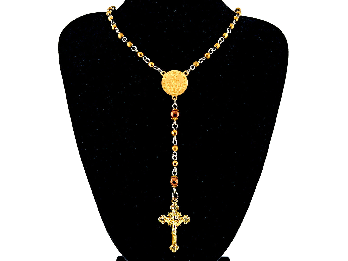 Miraculous Medal unique rosary beads hematite gemstone wearable miniature rosary necklace with gold plated crystal sunburst crucifix.