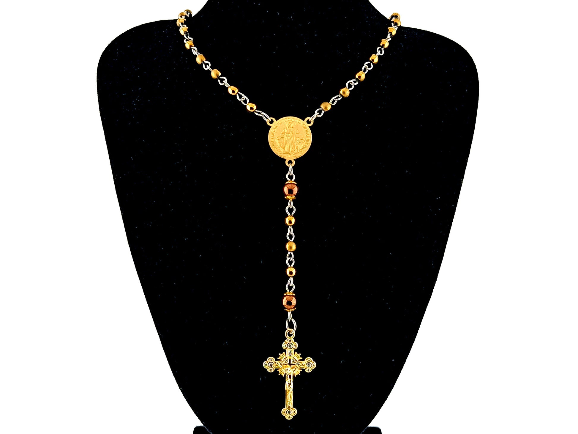 Miraculous Medal unique rosary beads hematite gemstone wearable miniature rosary necklace with gold plated crystal sunburst crucifix.