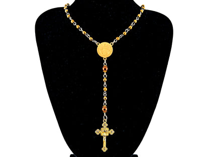 Miraculous Medal unique rosary beads hematite gemstone wearable miniature rosary necklace with gold plated crystal sunburst crucifix.