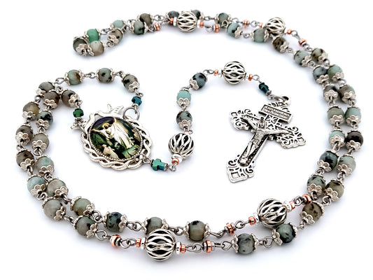 Resurrection unique rosary beads jasper gemstone and silver lattice rosary beads with Pardon crucifix.