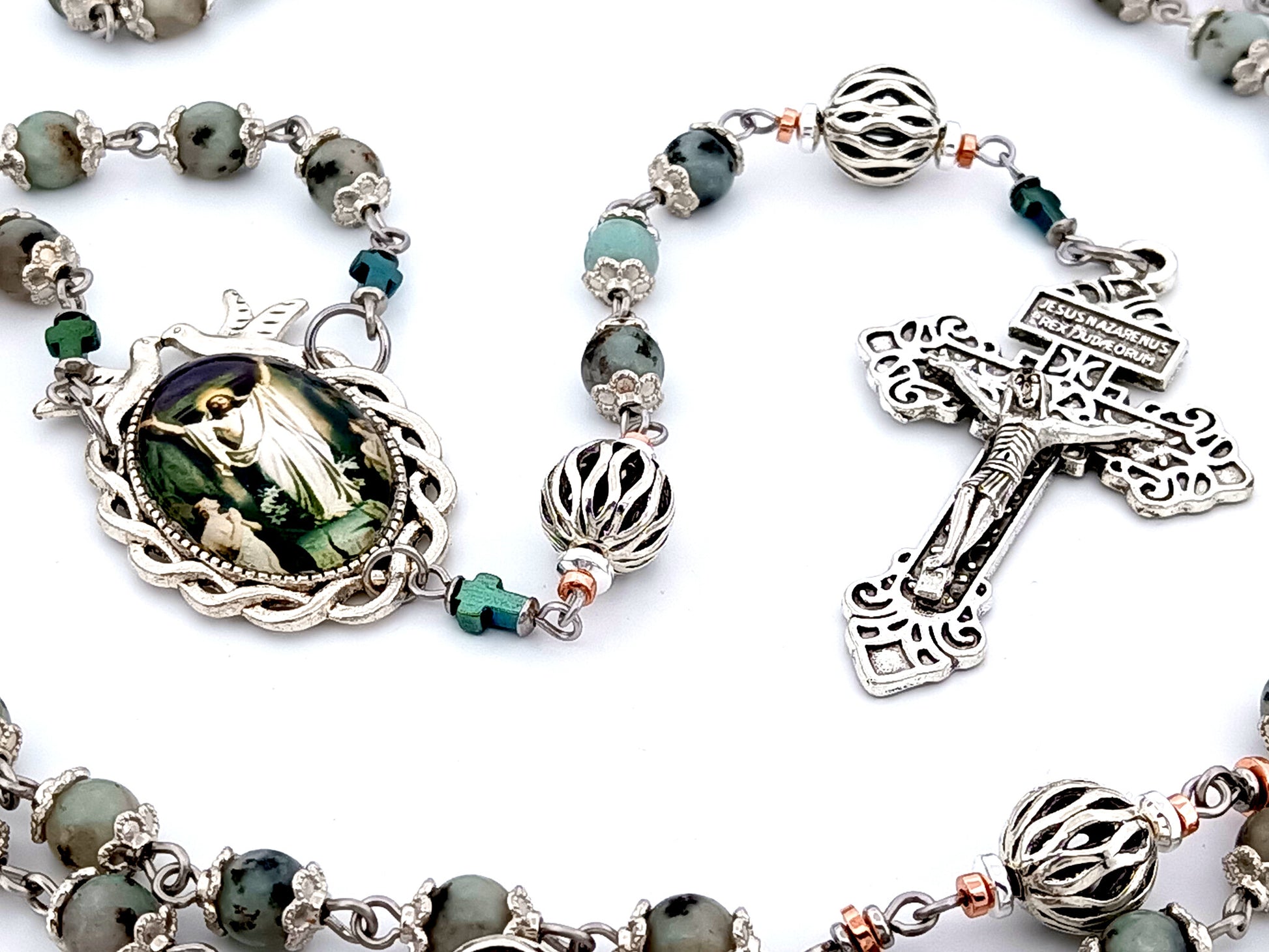 Resurrection unique rosary beads jasper gemstone and silver lattice rosary beads with Pardon crucifix.