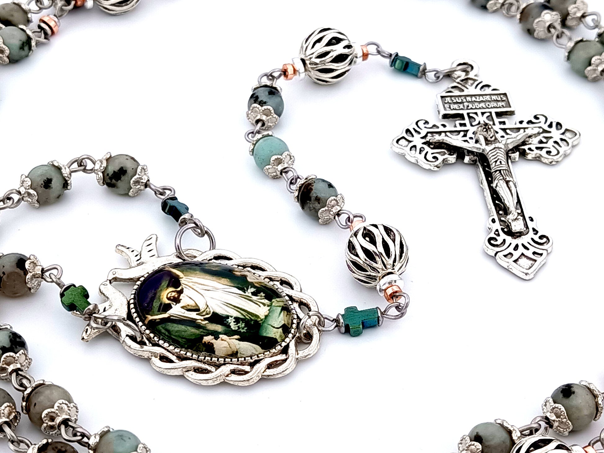 Resurrection unique rosary beads jasper gemstone and silver lattice rosary beads with Pardon crucifix.