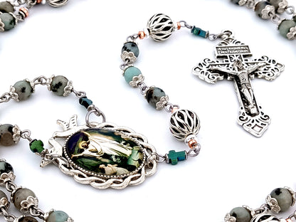 Resurrection unique rosary beads jasper gemstone and silver lattice rosary beads with Pardon crucifix.