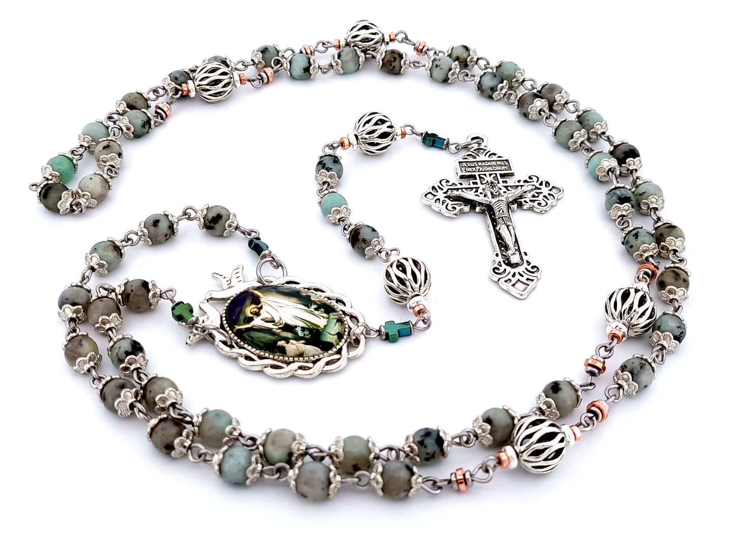 Resurrection unique rosary beads jasper gemstone and silver lattice rosary beads with Pardon crucifix.