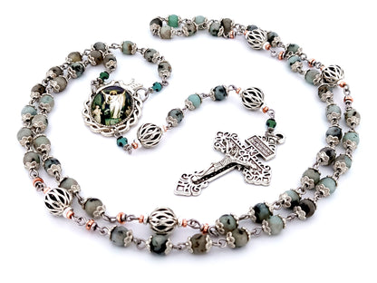Resurrection unique rosary beads jasper gemstone and silver lattice rosary beads with Pardon crucifix.