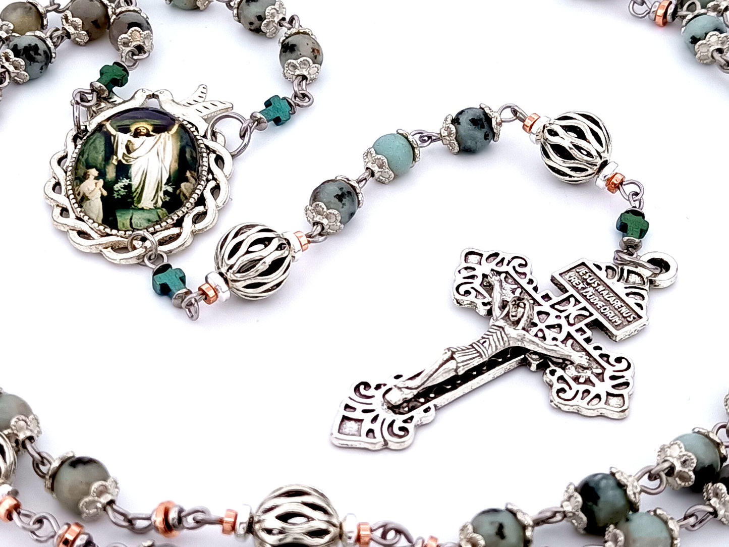 Resurrection unique rosary beads jasper gemstone and silver lattice rosary beads with Pardon crucifix.