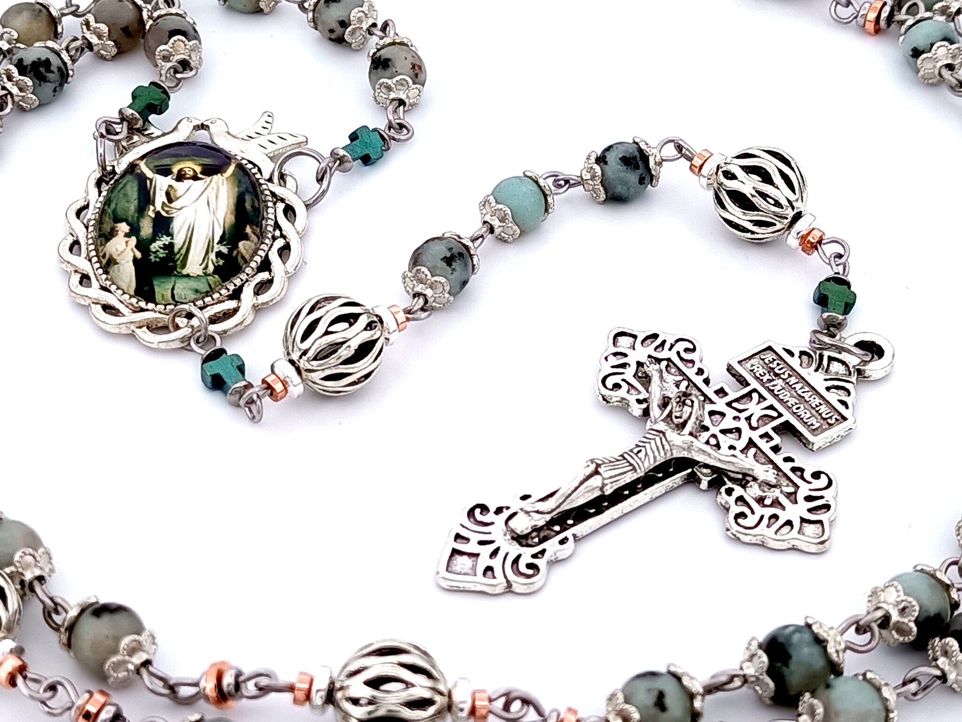 Resurrection unique rosary beads jasper gemstone and silver lattice rosary beads with Pardon crucifix.