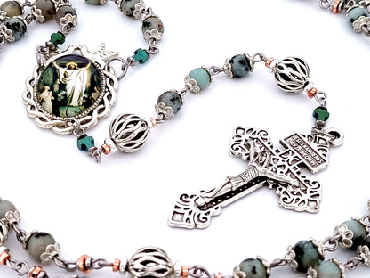 Resurrection unique rosary beads jasper gemstone and silver lattice rosary beads with Pardon crucifix.