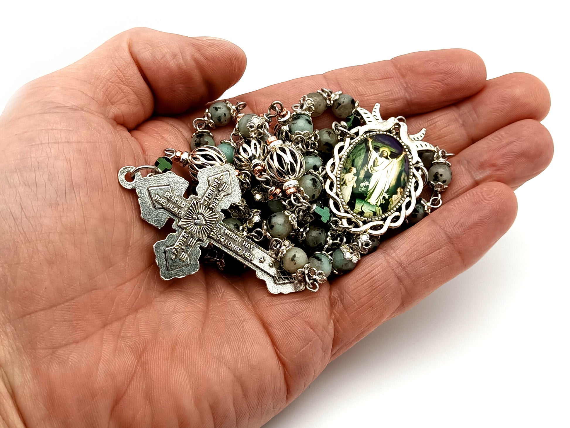 Resurrection unique rosary beads jasper gemstone and silver lattice rosary beads with Pardon crucifix.