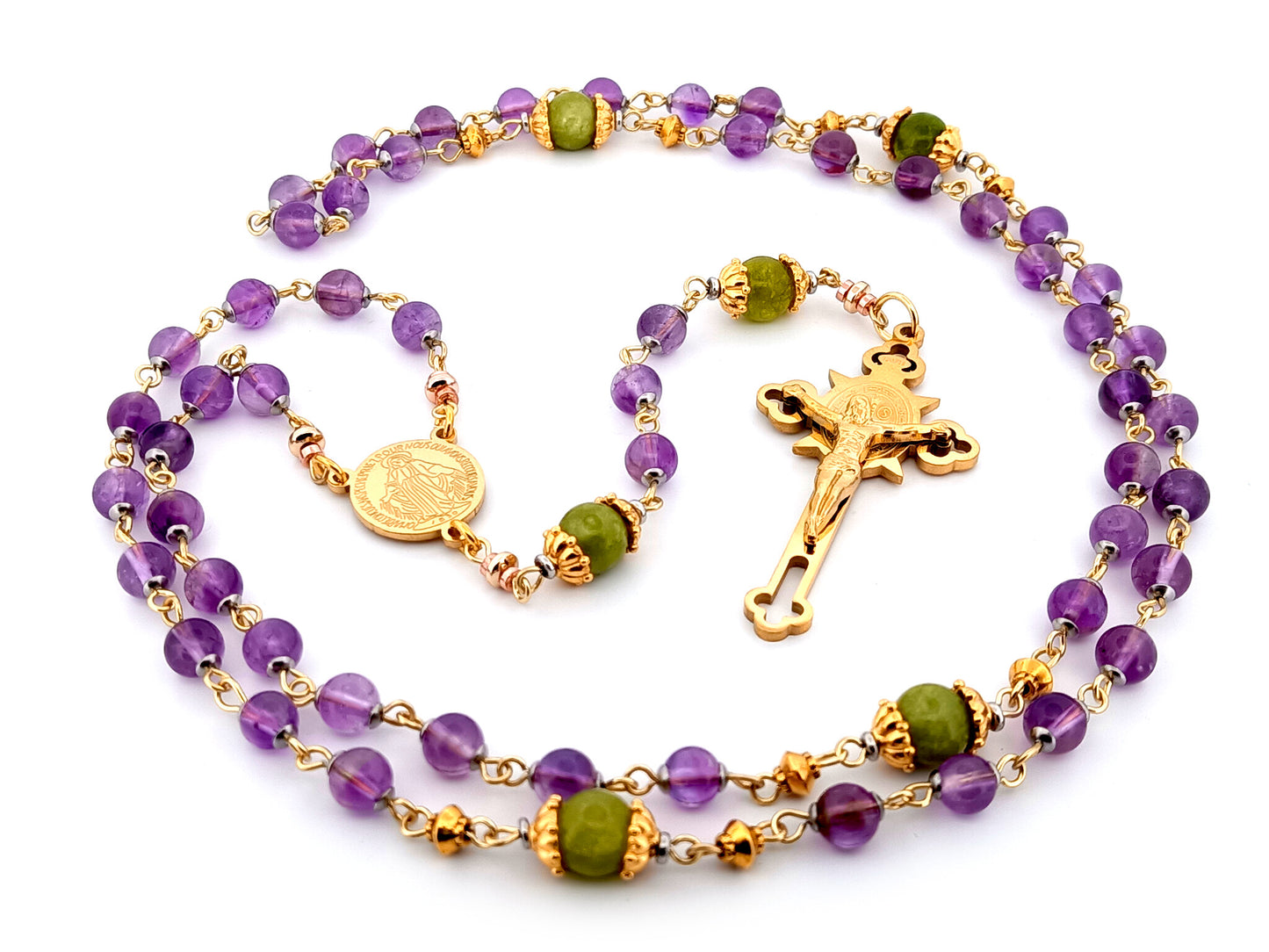 Miraculous medal unique rosary beads amethyst gemstone rosary with gold plated Saint Benedict crucifix.