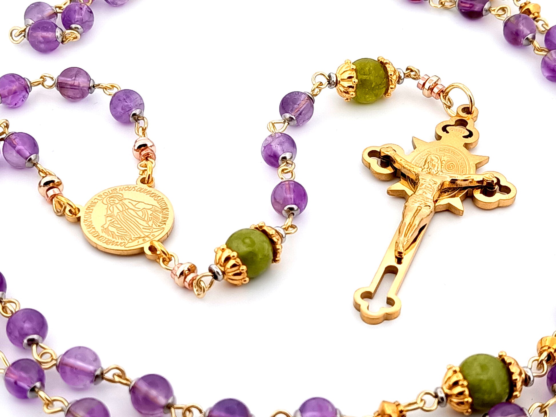 Miraculous medal unique rosary beads amethyst gemstone rosary with gold plated Saint Benedict crucifix.