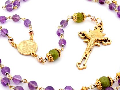 Miraculous medal unique rosary beads amethyst gemstone rosary with gold plated Saint Benedict crucifix.