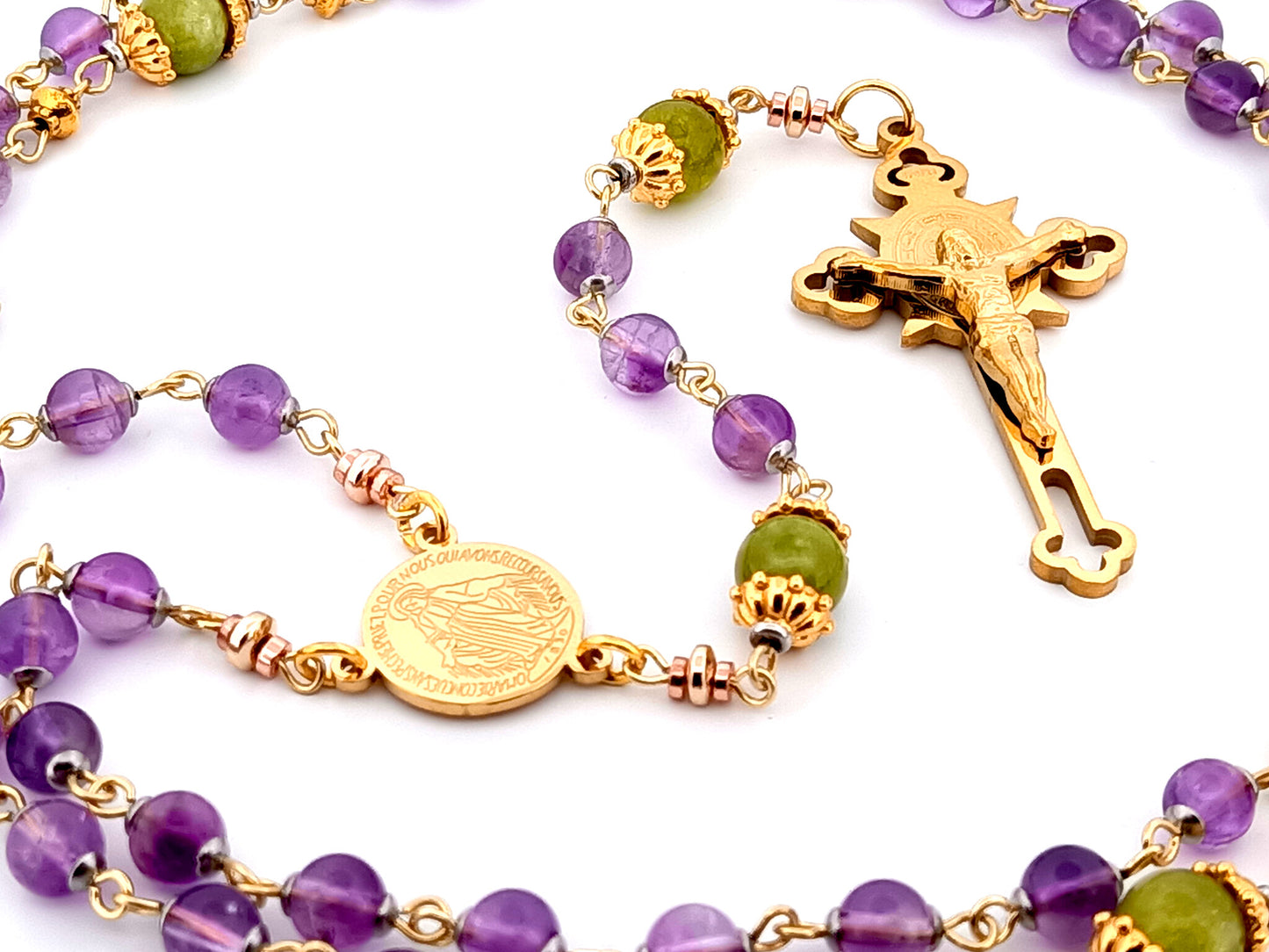Miraculous medal unique rosary beads amethyst gemstone rosary with gold plated Saint Benedict crucifix.