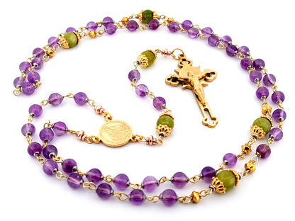 Miraculous medal unique rosary beads amethyst gemstone rosary with gold plated Saint Benedict crucifix.