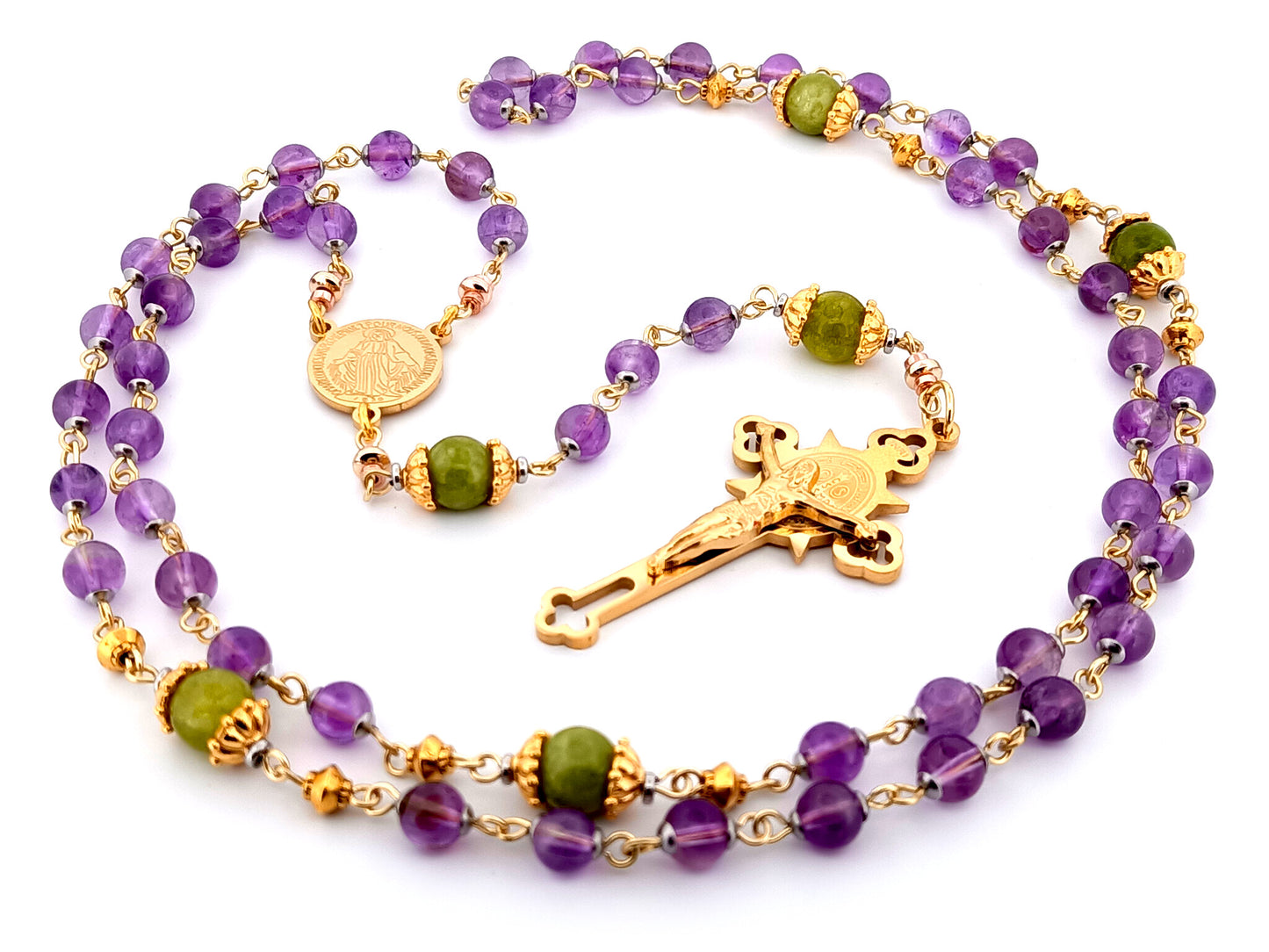 Miraculous medal unique rosary beads amethyst gemstone rosary with gold plated Saint Benedict crucifix.