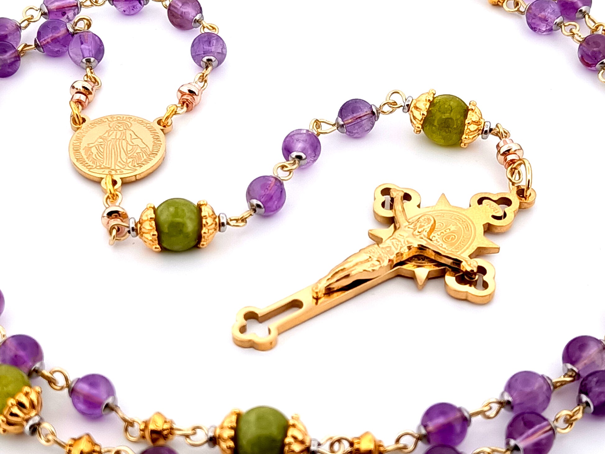 Miraculous medal unique rosary beads amethyst gemstone rosary with gold plated Saint Benedict crucifix.