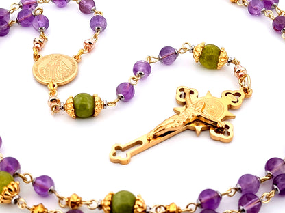 Miraculous medal unique rosary beads amethyst gemstone rosary with gold plated Saint Benedict crucifix.
