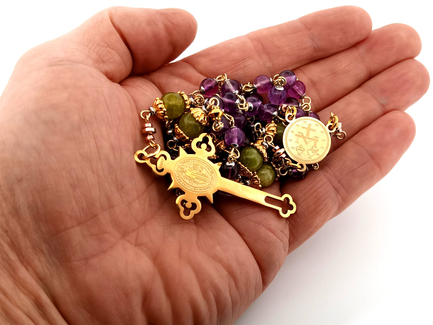 Miraculous medal unique rosary beads amethyst gemstone rosary with gold plated Saint Benedict crucifix.