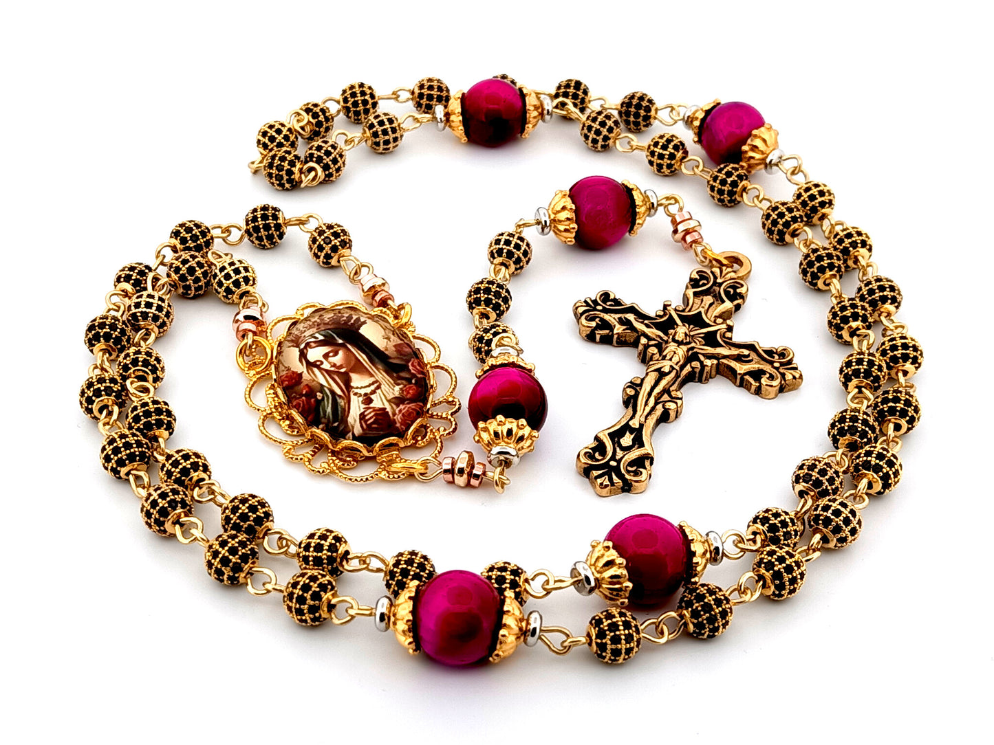 Queen of Heaven 18K gold plated cubic zirconia and pink tigers eye gemstone rosary beads with gold plated filigree crucifix.